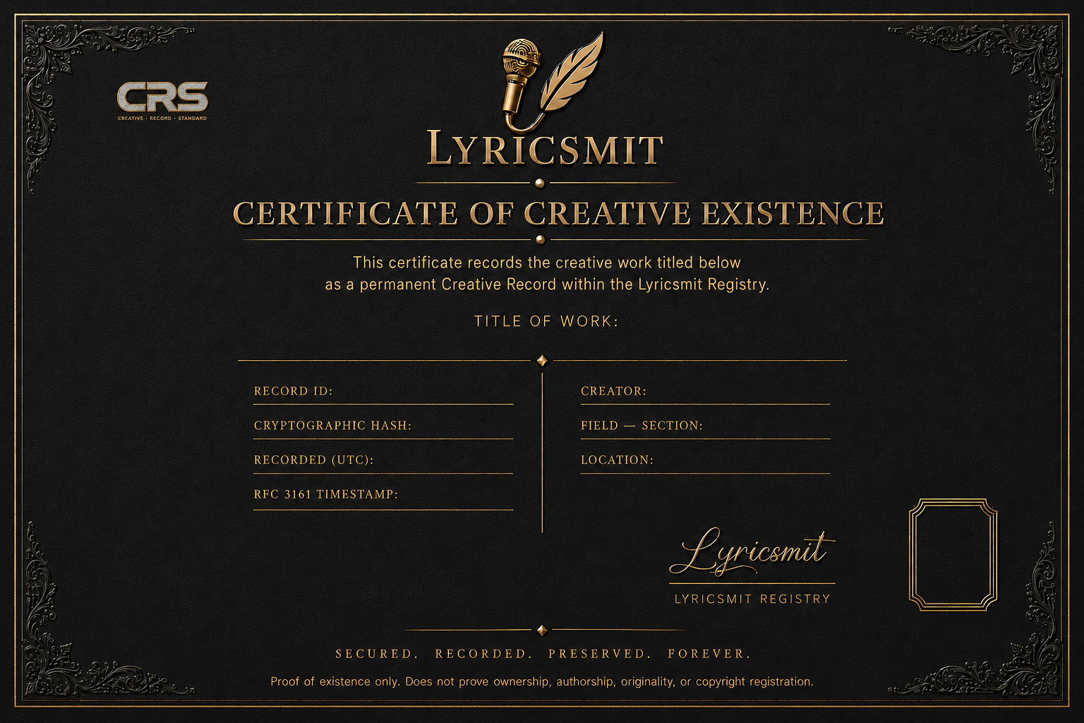 Lyricsmit Legacy Certificate
